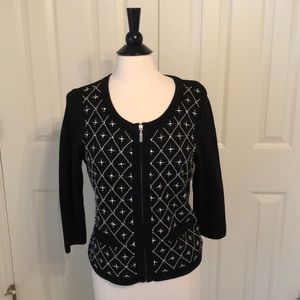 Sweater Jacket, Beaded Front in Black, 3/4 sleeves